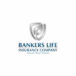 Logo of Bankers Life Insurance Company featuring a silver shield with a leaf symbol above blue text reading “Bankers Life Insurance Company” and the tagline “Secure Your Future” on a light grey background.
