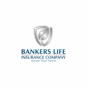 Logo of Bankers Life Insurance Company featuring a silver shield with a leaf symbol above blue text reading “Bankers Life Insurance Company” and the tagline “Secure Your Future” on a light grey background.