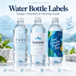 Custom water bottle labels showcasing clear, white, and colorful printed label designs on bottled water.