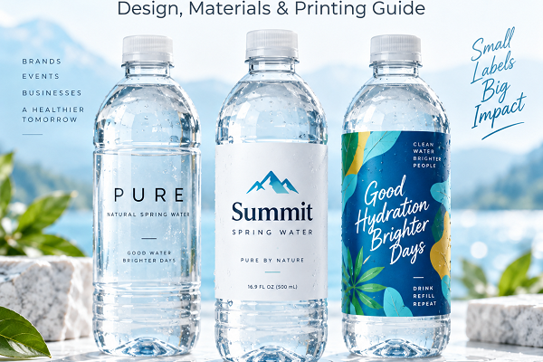 Custom water bottle labels showcasing clear, white, and colorful printed label designs on bottled water.