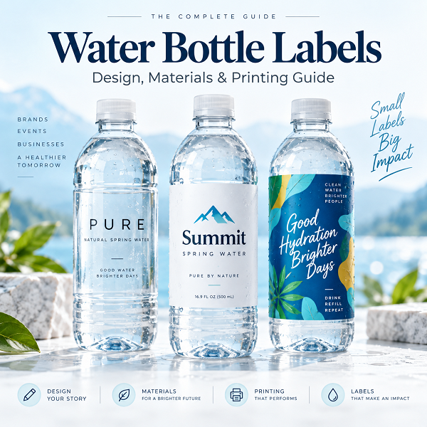 Custom water bottle labels showcasing clear, white, and colorful printed label designs on bottled water.