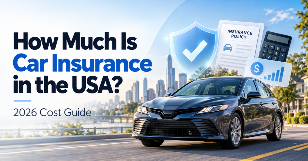 Car insurance cost guide for USA drivers in 2026 with sedan, insurance policy, calculator, and protection shield.