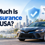Car insurance cost guide for USA drivers in 2026 with sedan, insurance policy, calculator, and protection shield.