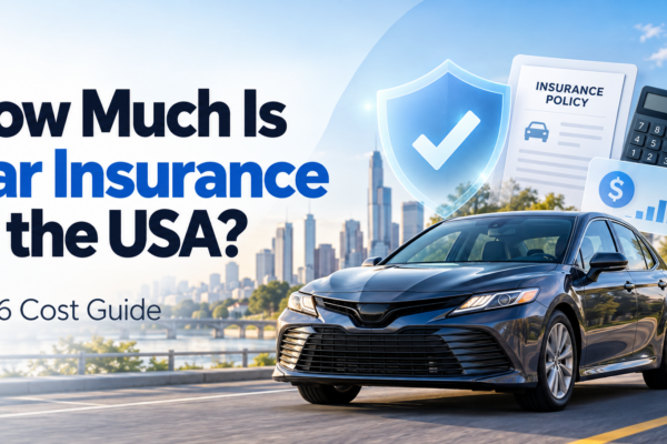 Car insurance cost guide for USA drivers in 2026 with sedan, insurance policy, calculator, and protection shield.